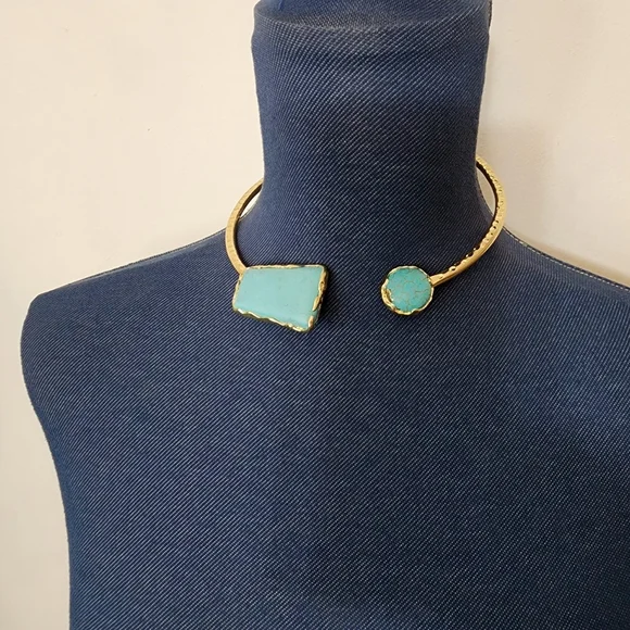 Gold Abstract Choker Necklace with Natural Turquoise Howlite Stones - Picture 7 of 8